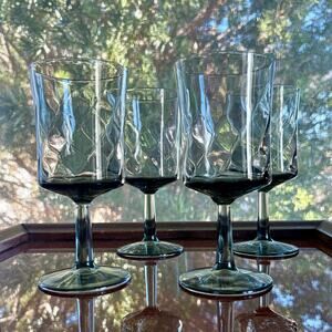 Vintage Libbey Optic Swirl Smokey Wine Glasses Set of 4